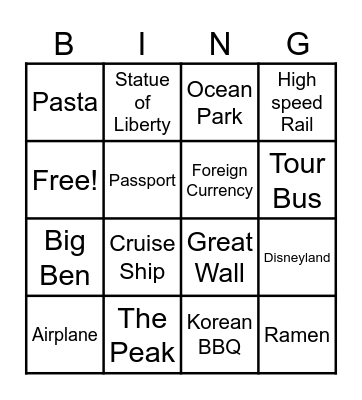 Vacation Bingo Card