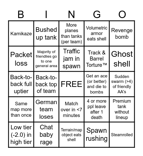 spiteful ill hearted warthunder bingo Card
