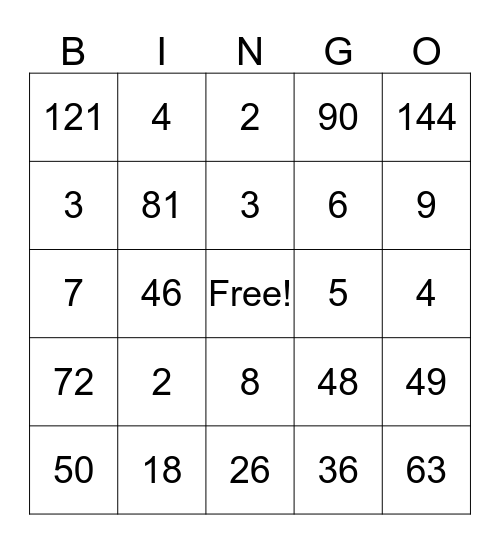 Multiplication and Division Bingo Card