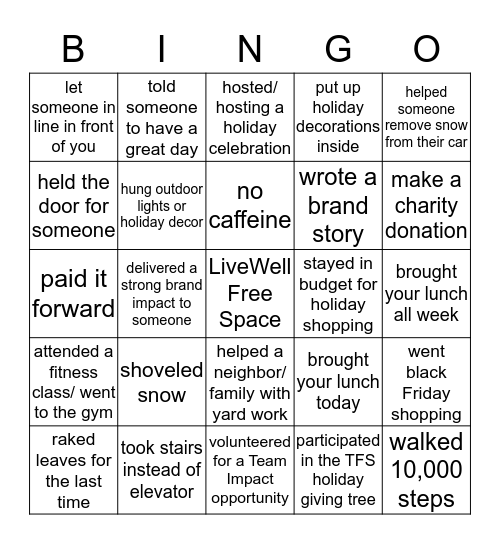 Wellness December  Bingo Card