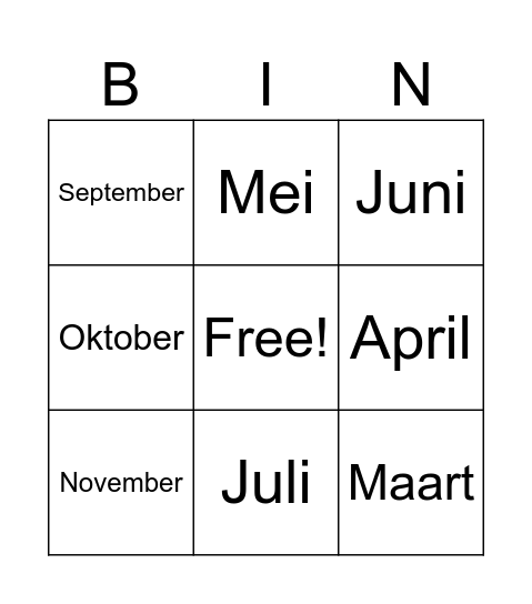 Bingo "De maanden van het jaar" Bingo Card