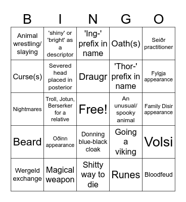 Old Norse Saga Bingo Card Bingo Card
