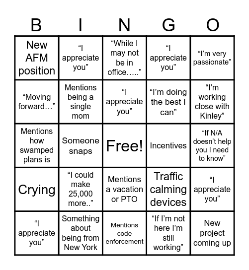 FP Meeting Bingo Card