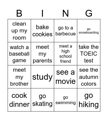 What are you going to do this weekend? Bingo Card