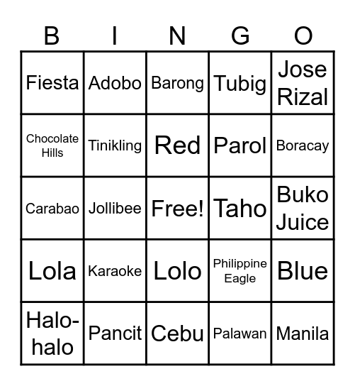 Filipino Themed Bingo Card