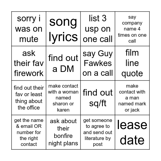 Power Hour Bingo 5th November Bingo Card