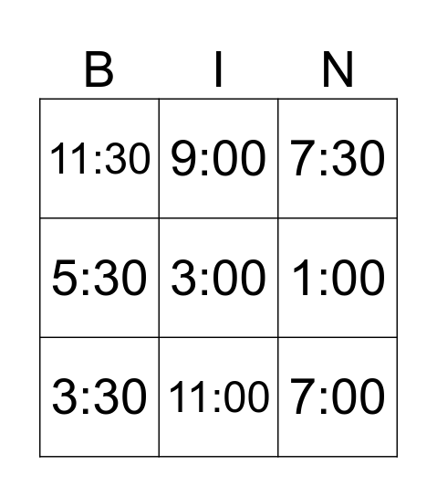 Uhrzeit Bingo Card