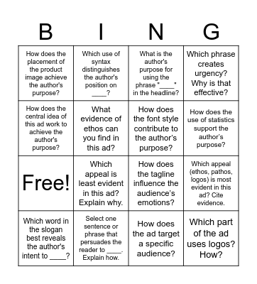 Ad Analysis Bingo Card