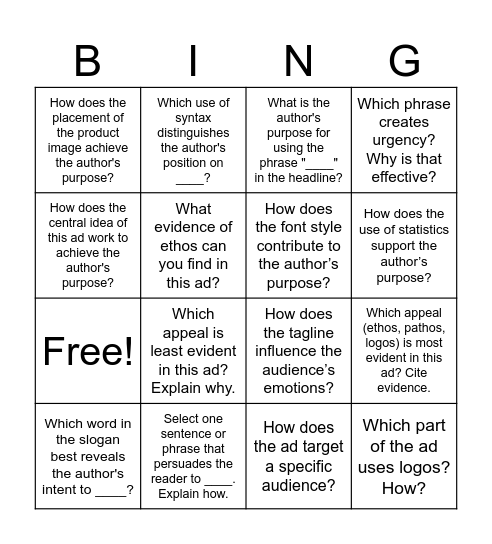 Ad Analysis Bingo Card