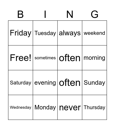 Weekdays & Adverbs Bingo Card