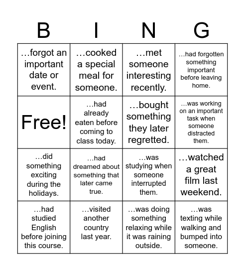 complete the question and speak Bingo Card