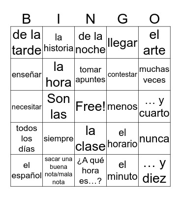 Daily Schedules and Time  Bingo Card