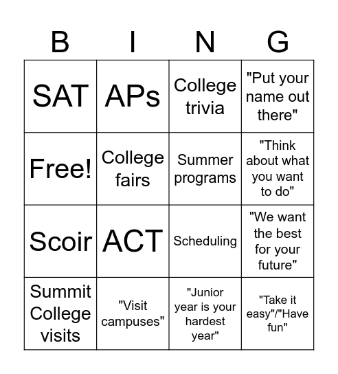 College Counselling Bingo Card