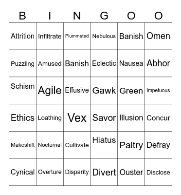 Vocabulary Bingo Card