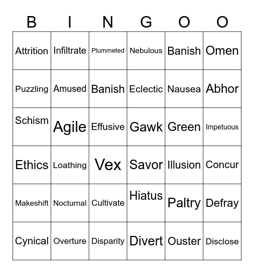 Vocabulary Bingo Card