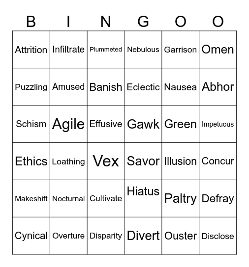 Vocabulary Bingo Card