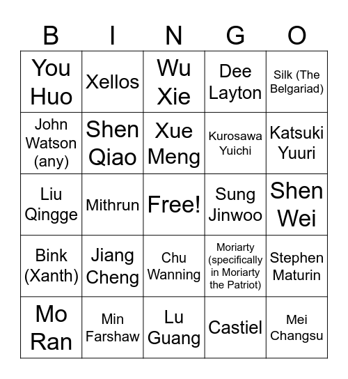 characters that I'm stupid for Bingo Card
