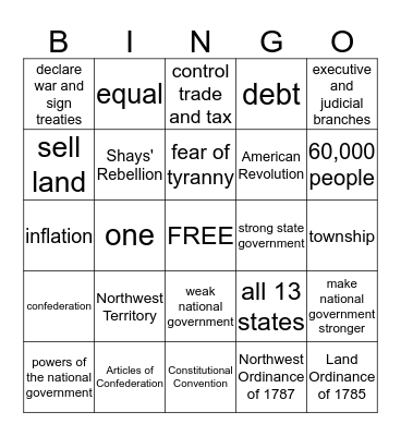 Articles of Confederation Bingo Card