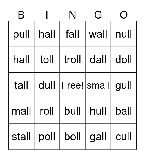 All, Oll, Ull Bingo Card