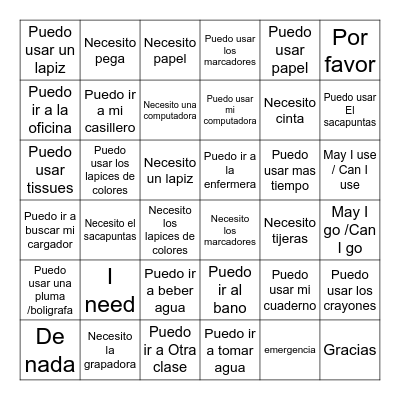 Puedo ir / Puedo usar / Necesito Bingo Card