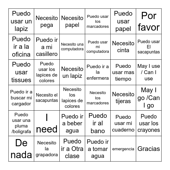 Puedo ir / Puedo usar / Necesito Bingo Card