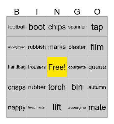 British vs. American English Bingo Card