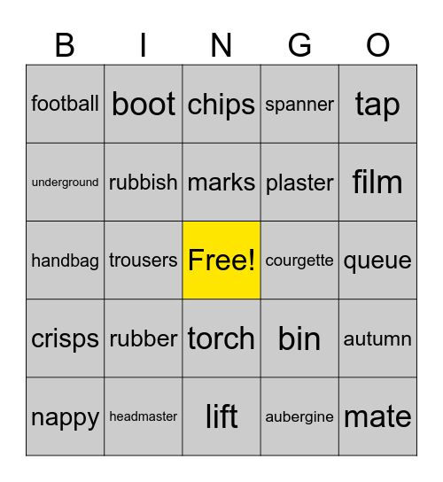 British vs. American English Bingo Card