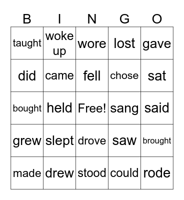 Irregular Verbs Bingo Card