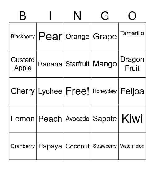 Fruits Bingo Card