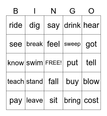 Irregular Verbs Past Tense Bingo Card