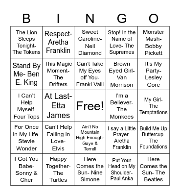 Songs of the 60s Bingo Card