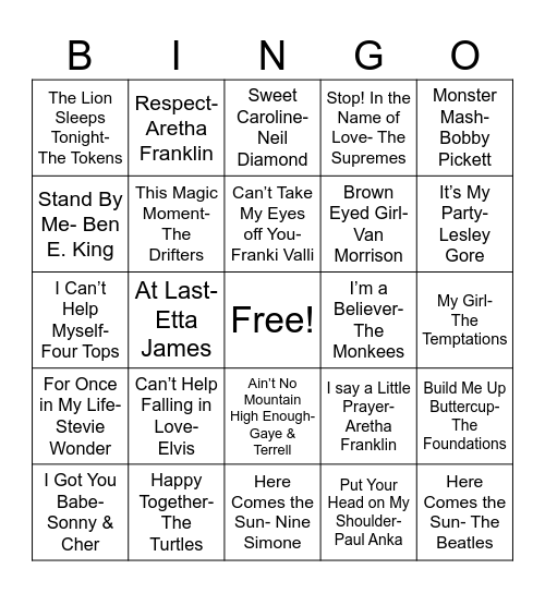 Songs of the 60s Bingo Card