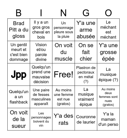 Troie, fantasme de Solène et inconnu de Chloé Bingo Card