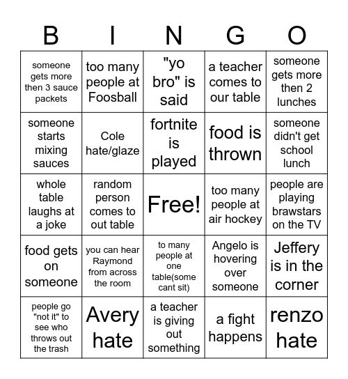 Lunch Bingo Card