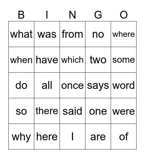 Sight words Bingo Card