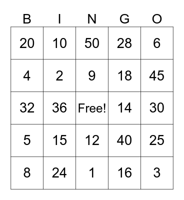 Multiplication Bingo Card