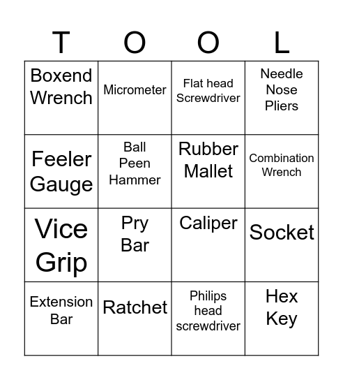 Automotive Tool Bingo Card