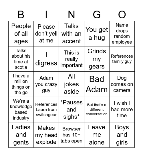 Adam Bingo Card
