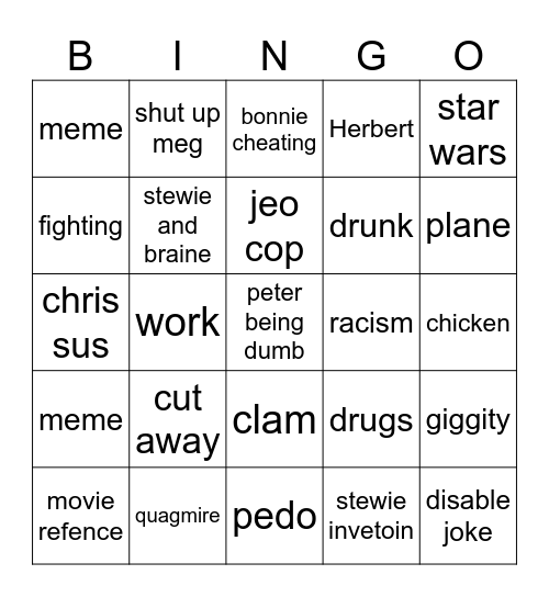 family guy bingo Card