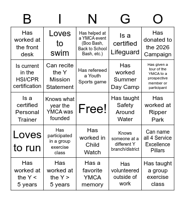 YMCA BINGO Card