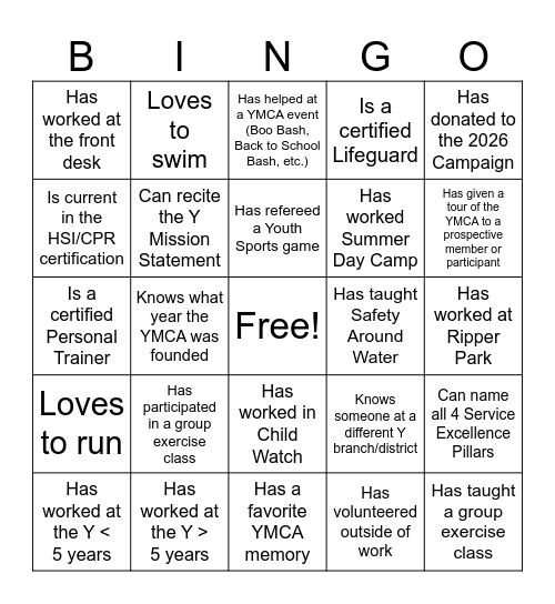 YMCA BINGO Card