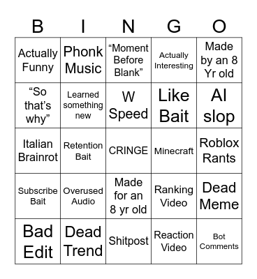 YouTube Shorts Bingo October 2025 Bingo Card