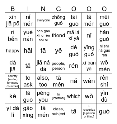 ZB1-U1LC-pg.180-182-Vocab Bingo Practice - [PY to ENG] [ENG to PY] [HZ For Any 15 Boxes] Bingo Card
