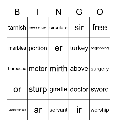 r-controlled vowel words Bingo Card