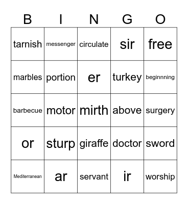 r-controlled vowel words Bingo Card