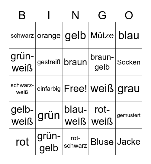 Kleidung und Farben Bingo Card