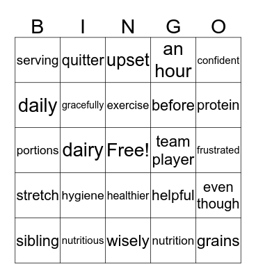 final bingo for healthy living 3/4 Bingo Card