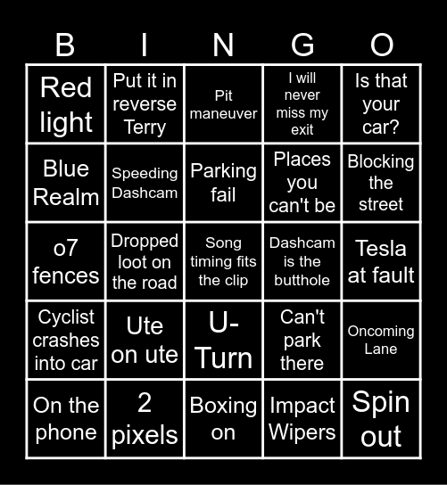 Dashcam Yippee 5x5 Bingo Card