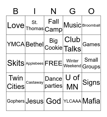 YOUNG LIFE COLLEGE Bingo Card