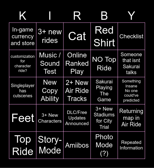 KIRBY Bingo Card